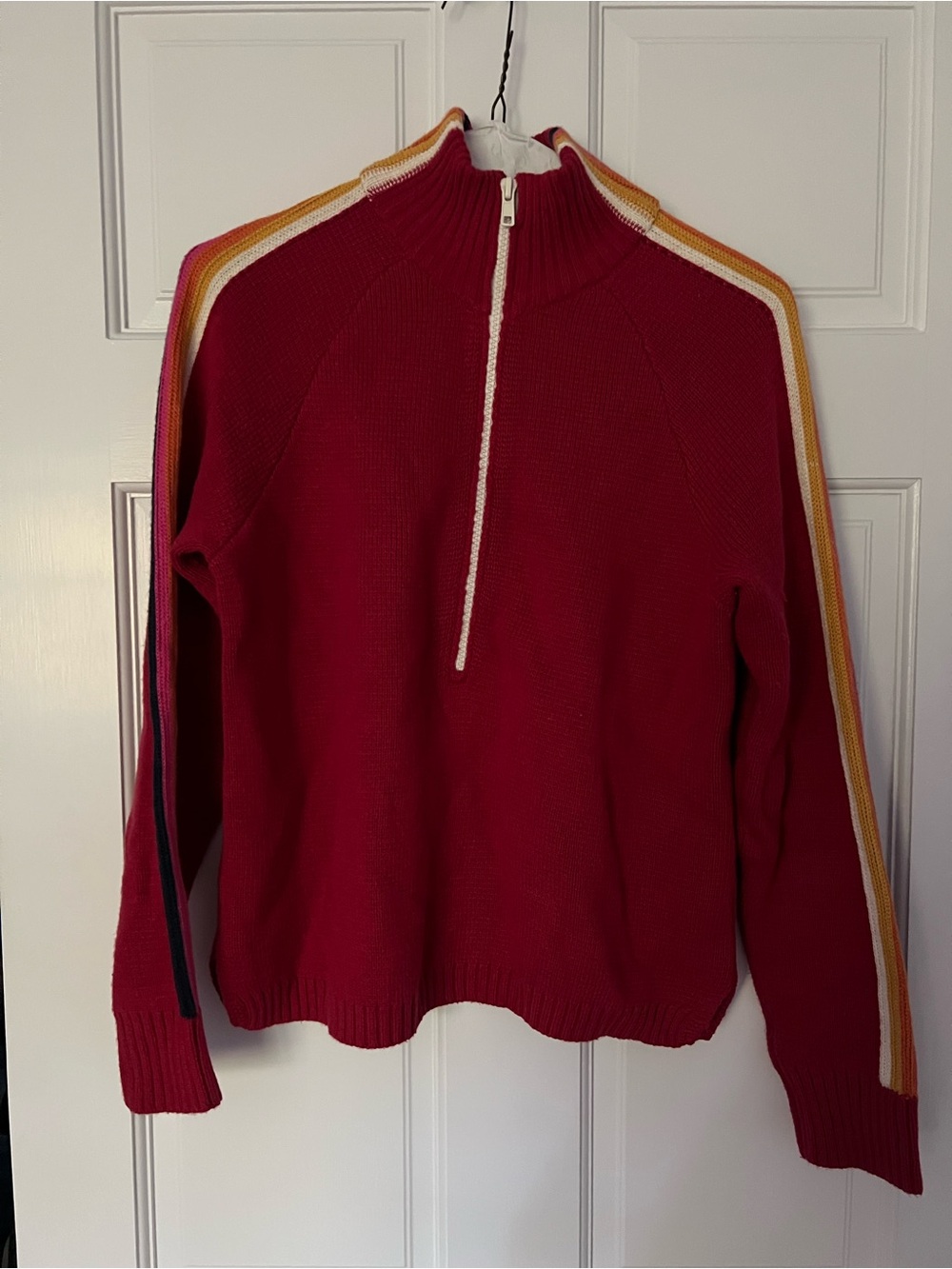Marine Layer Red Half-Zip Sweater with Contrast Shoulder Stripes
